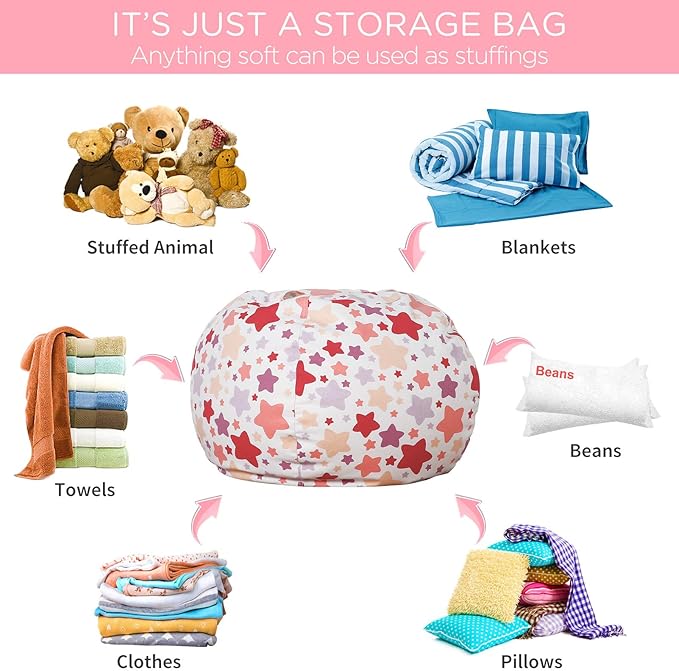 Aubliss Stuffed Animal Bean Bag Storage Chair, Beanbag Covers Only for Organizing Plush Toys, Turns into Bean Bag Seat for Kids When Filled, Medium 32"-Canvas Pattern Sparkling Star