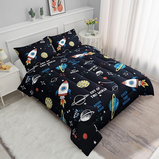 Datura home Space Ship Galaxy Comforter Set Astronaut Rocket Printed Quilt Bedding with 1 and 2 Pillowcases for Boys Girls Bedroom All Season(Space Queen), A-space, Queen 90x90inches