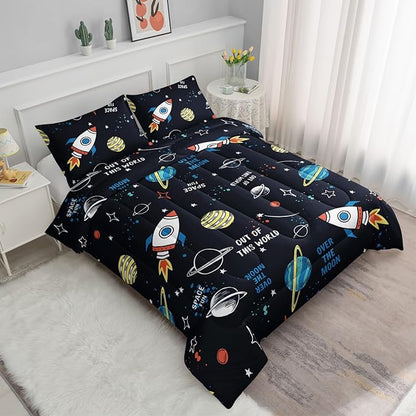 Datura home Space Ship Galaxy Comforter Set Astronaut Rocket Printed Quilt Bedding with 1 and 2 Pillowcases for Boys Girls Bedroom All Season(Space Queen), A-space, Queen 90x90inches