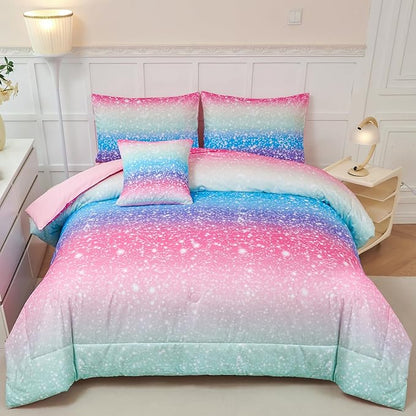 PERFEMET Girls Comforter Set with Sheets 6 Pieces Full Size Bedding Set Blue Pink Green Ombre Bed in A Bag Rainbow Tie Dye Kids Bed Sets Grandient Glitter Full Comforter Sets