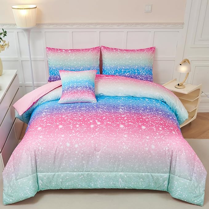 PERFEMET Blue Green Twin Comforter Set for Girls, 6 Pcs Colorful Rainbow Kids Bedding Sets, Tie Dye Ombre Twin Comforter Set with Sheets, Gradient Glitter Bed Sets for Bedroom Decoration