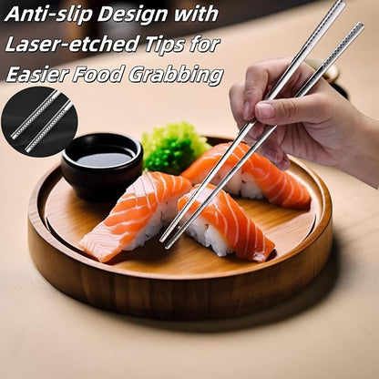5 Pair Metal Chopsticks Reusable 18/8 Stainless Steel Chopsticks Set Non-slip Chinese Chopstick for Cooking Eating Dishwasher Safe 9.25" Chop Sticks Gift Set