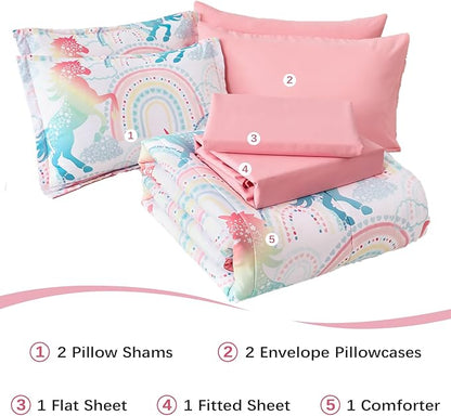 Queen Comforter Set for Girls, 7 Pieces Bed in a Bag, Colorful Unicorn Bedding Comforter Sheet Set, Ultra Soft and Fluffly, Pink & Rainbow Color, Colorful Bed in a Bag for Girls