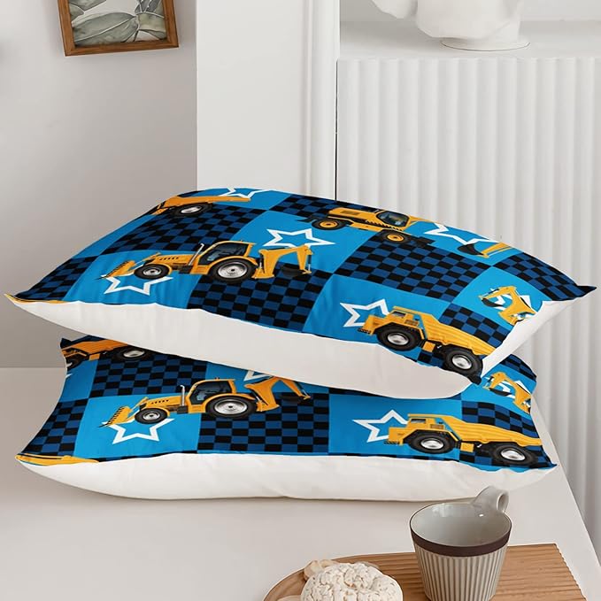 Axolotl Excavator Comforter Set Twin Size,Blue Plaid Comforter Set with Star,Excavator Bedding Set for Kids Boys Teens,Construction Vehicle Comforter Set for Boys,1 Quilt 2 Pillowcases