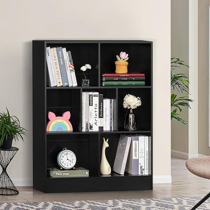 YAHARBO Black 7 Cube Bookshelf,3 Tier Modern Horizontal Bookcase,Wooden Low Book Shelf Display Storage Cabinet with Base,Floor Standing Short Bookshelves Open Organizer for Bedroom,Living Room,Office