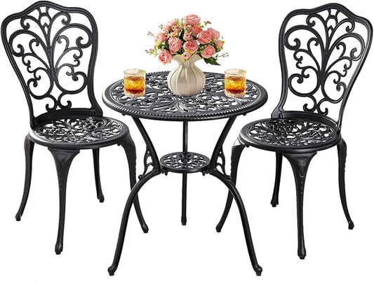 Patio Bistro Set 3 Piece Outdoor,Cast Aluminum Outdoor Bistro Table and Chair Set of 2 with 1.97" Umbrella Hole,All Weather Metal Bistro Table Set for Front Porch Set(Butterfly Black)