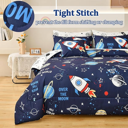 8 Piece Kid Comforter Set Twin Size Bed in a Bag, Space Rocket Bedding Set for Teen Boys Girls
