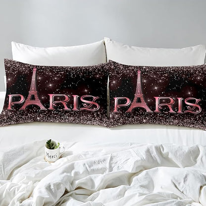 Erosebridal Eiffel Tower Comforter Set Twin Size, Paris France Duvet Sets for Kids Teens Adult Women Bedroom Decor Starry Sky Bling Bedding Set City Building Quilted Duvet with 1 Pillow Case