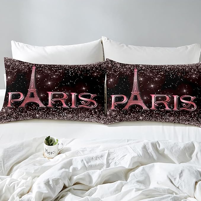 Erosebridal Eiffel Tower Comforter Set Full Size, Paris France Duvet Sets for Kids Teens Adult Women Bedroom Decor Starry Sky Bling Bedding Set City Building Quilted Duvet with 2 Pillow Cases