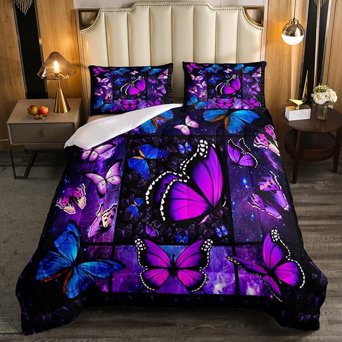 Erosebridal Butterfly Comforter Set Starry Sky Galaxy Comforter Blue Purple Butterfly Bedding Sets Twin for Kids Girls Teens Women Bed,Aesthetics Butterflies Quilt Duvet Set 1 Pillow Case Room Decor