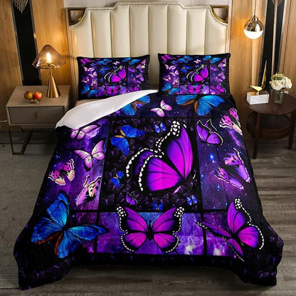 Erosebridal Butterfly Comforter Set Starry Sky Galaxy Comforter Blue Purple Butterfly Bedding Sets Twin for Kids Girls Teens Women Bed,Aesthetics Butterflies Quilt Duvet Set 1 Pillow Case Room Decor
