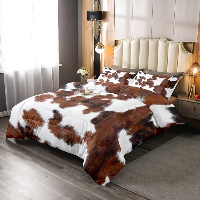 Erosebridal Cowhide Comforter Set for Kids Boys, Cute Brown White Cow Bedding Set Twin Size, Farm Animal Skin Down Comforter Western Cowboy Country Duvet Sets Farmhouse Decoration