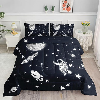 Datura home Kids Comforter Set Astronaut Space Rocket Printed Pattern Quilt Bedding Set with 1 Comforter and 2 Pillowcases for Girls Bedroom All Season(Space Rocket Twin), Twin 68x86inches