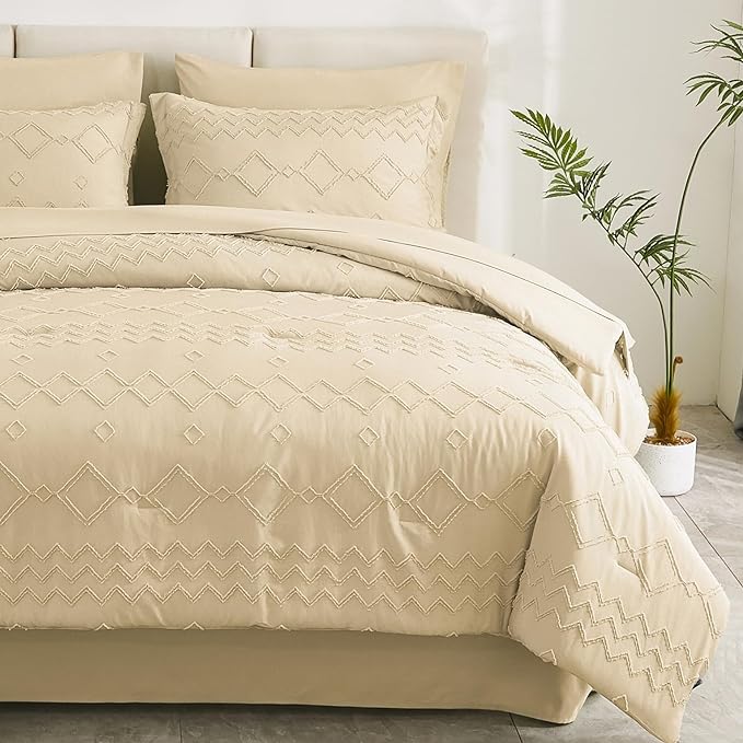 EMME Queen Comforter Set - 7 Pcs Beige Boho Bedding Sets, Full Size Tufted Comforter with Sheets, Shabby Chic Embroidery Queen Bed Set Fluffy Bed Bag for All Season(90"X90")