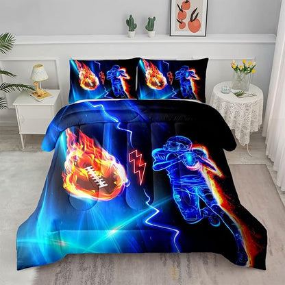 Axolotl Football Comforter Queen,Cool Blue Football Bedding Sports Theme Comforter Set For Boys,3D Rugby Sports Bedding Set Football Player On Fire For Boys Kids Teens,1 Quilt 2 Pillowcases,Black Blue