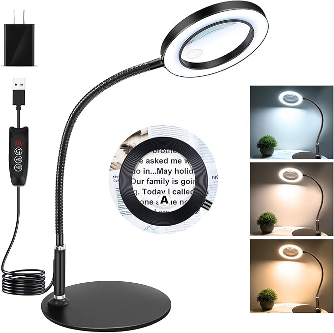 NZQXJXZ 20X10X Magnifying Glass with Light and Stand Lighted Magnifier with 72 LEDs 3 Color Modes and 10 Stepless Dimmable Desk Magnifying Lamp for Hobbies, Reading, Close Work, Jewelry