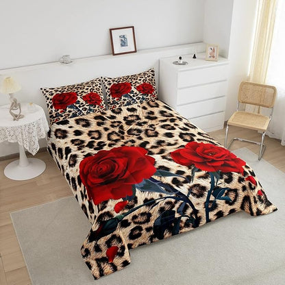 Erosebridal Rose Flower Comforter Set for Kids Girls Women, Leopard Print Down Comforter King Size, 3D Red Floral Petal Bedding Set Cheetah Animal Skin Quilted Duvet for Bedroom Decor, Brown