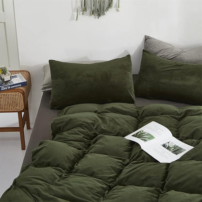 Dark Green Velvet Comforter Set Twin Army Green Flannel Velvet Bedding Comforter Set All Deep Green 3 PCs Shaggy Soft Warm and Durable Flannel Blanket Twin Girls Boys Green Velvet Bedding Set