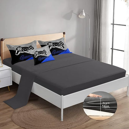 6 Pieces Bed in A Bag Gamer Bedding Set for Boys Kids Adult Gaming Comforters Set,Boys Bed in A Bag Set Full Size Comforter with Fitted Shee Flat Sheet Pillowcase pillowsham,DJT5002Queen