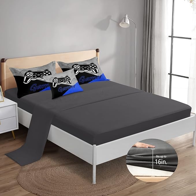 6 Pieces Bed in A Bag Gamer Bedding Set for Boys Kids Adult Gaming Comforters Set,Boys Bed in A Bag Set Full Size Comforter with Fitted Shee Flat Sheet Pillowcase pillowsham,DJT5002Full
