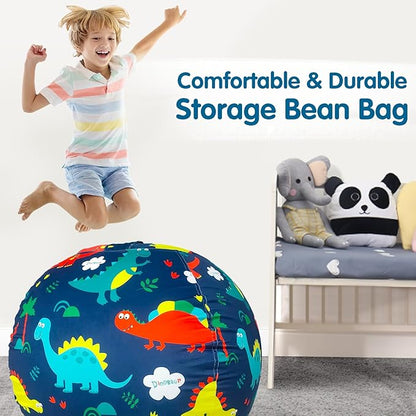 Lukeight Stuffed Animal Storage Bean Bag Chair Cover for Kids, Dinosaur Zipper Beanbag Chair Cover for Organizing Toddler & Kids' Rooms Plush Toys (Dinosaur Navy, Large)