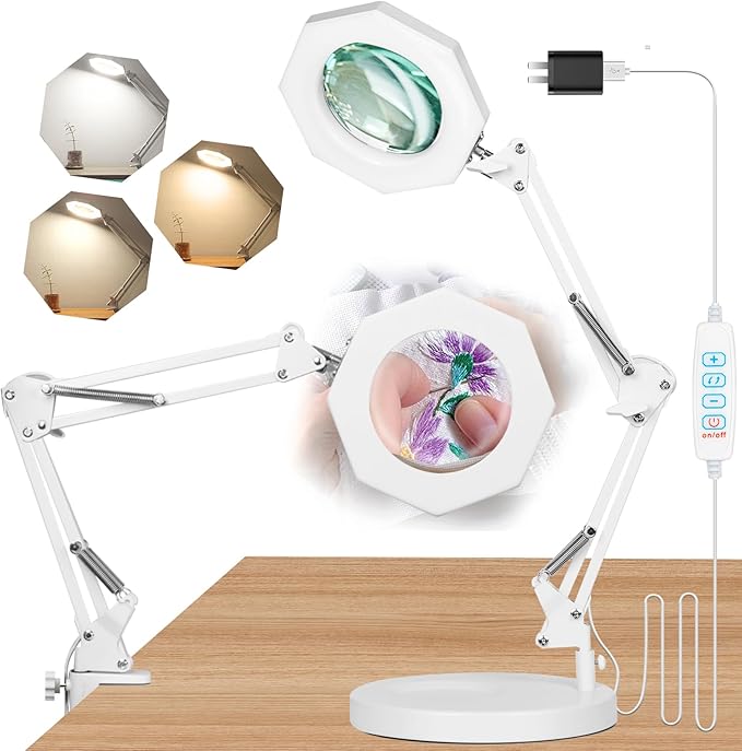 10X Magnifying Glass with Light Hand Free, HITTI 3 Color Stepless Dimmable Magnifying Lamp, 2-in-1 Lighted Deak Lamp & Clamp, Magnifier with Light and Stand for Crafts Reading Close Workbench Repair