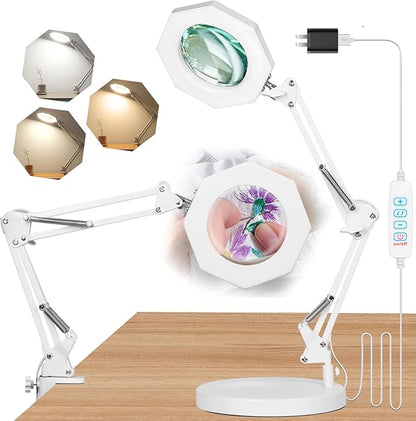 10X Magnifying Glass with Light Hand Free, HITTI 3 Color Stepless Dimmable Magnifying Lamp, 2-in-1 Lighted Deak Lamp & Clamp, Magnifier with Light and Stand for Crafts Reading Close Workbench Repair