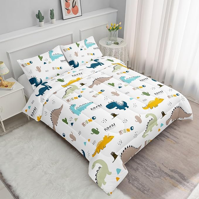 Datura home Dinosaur Comforter Set White Kawaii Dinosaur Printed Quilt Bedding Set with 1 Comforter and 2 Pillowcases for Boys and Girls Bedroom All Season(White Dinosaur Twin)