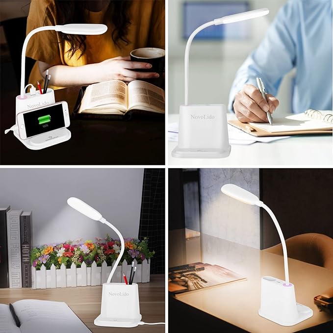 LED Desk Lamp, NovoLido Rechargeable Lamp with USB Charging Port/Pen Holder/Phone Holder, Small Study Cute for Kids/Home/Office/Dorm, Flexible Portable Bedside Table Reading (White)