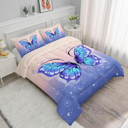 Datura home Bedding Comforter Set Pink Purple Butterfly Printed Pattern Quilt with 1 and 2 Pillowcases for Girls Bedroom All Season(Butterfly Twin) Twin 68x86inches