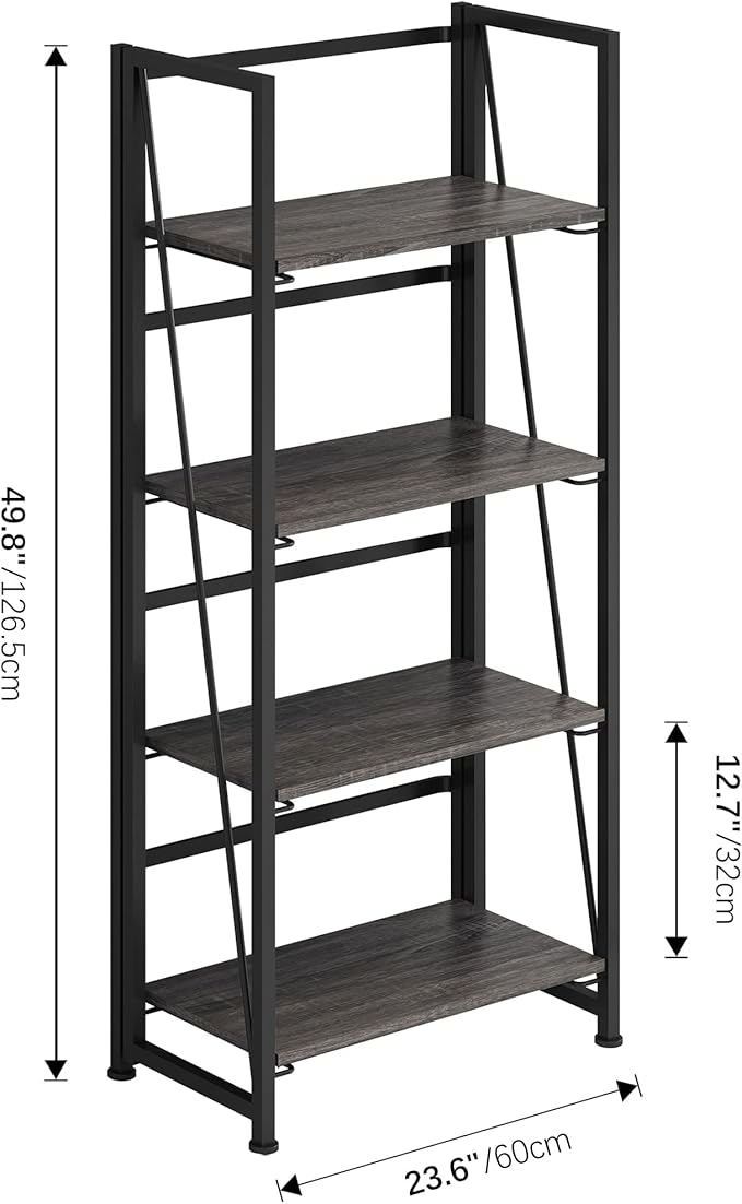 4NM No-Assembly Folding Bookshelf Storage Shelves 4 Tiers Vintage Bookcase Standing Racks Study Organizer Home Office (Gray and Black)