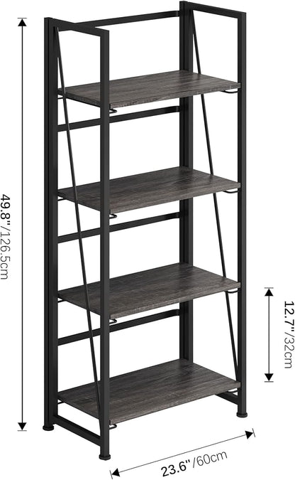 4NM No-Assembly Folding Bookshelf Storage Shelves 4 Tiers Vintage Bookcase Standing Racks Study Organizer Home Office (Gray and Black)