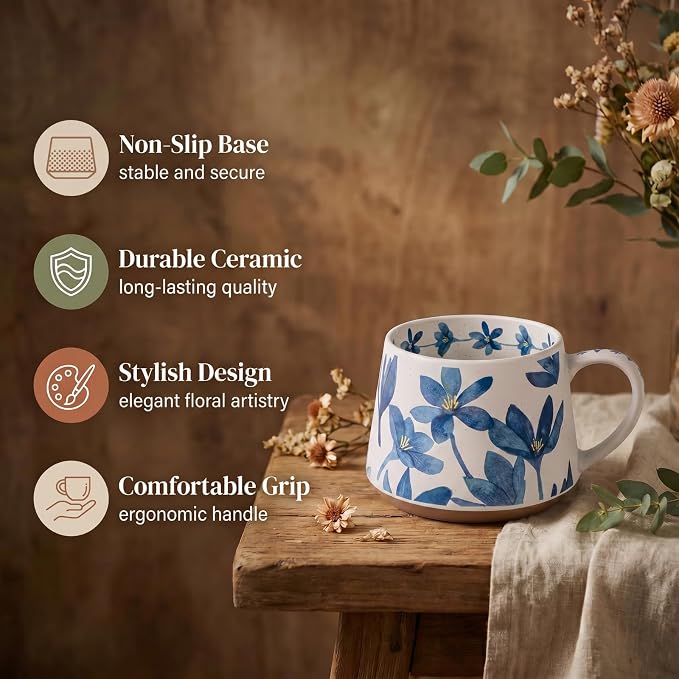 Ceramic Coffee Mug, 13oz Floral Design Pottery cute mugs, Ideal Gift for Women unique vintage pretty coffee mugs (Blue Bulky Flower Mug)