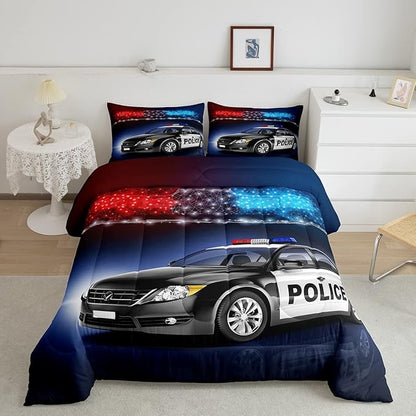Erosebridal Police Car Comforter Sets Twin Size,Policeman Vehicle Bedding Set for Kids Boys Children,Red Blue Cop Lights Down Comforter Geometric Graphics Duvet Sets Bedroom Decor with 1 Pillow Case