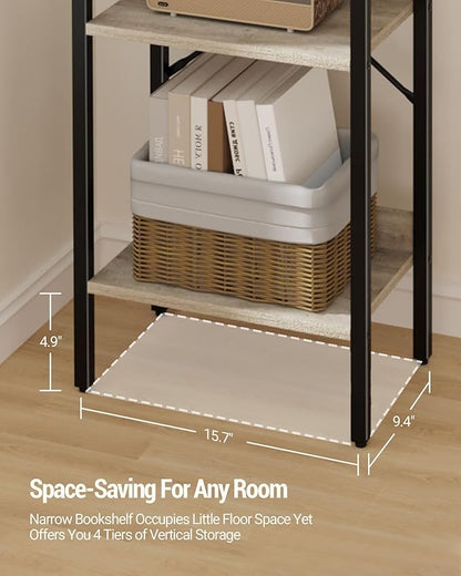 Bookshelf, Book Shelf, Industrial Bookcase with 2 Hooks, Coner Shelf Storage Organizer for Home Office, Living Room, Bedroom, Kitchen, 4-Tier Greige BC10405B