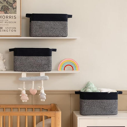 Storage Basket for Organizing, Woven Baskets for Storage, Rectangle Decorative Baskets for Shleves, Closet, Toys, Books, Nursery Organizer Bins - Pack of 3 (Blue & Black)