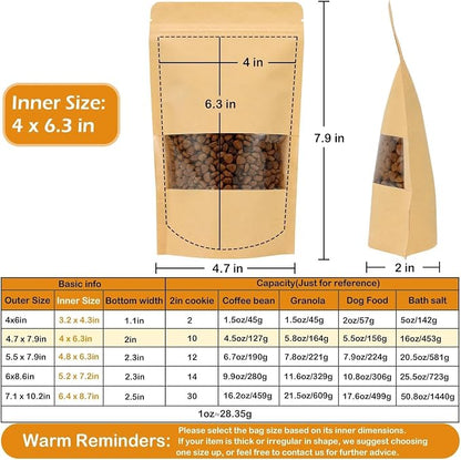 100 Pcs Kraft Paper Resealable Bags for Small Business (4 X 6.3 Inches) | Heat Sealable Zip Lock Stand Up Pouches with Clear Window for Food Storage, Samples, Party Favors