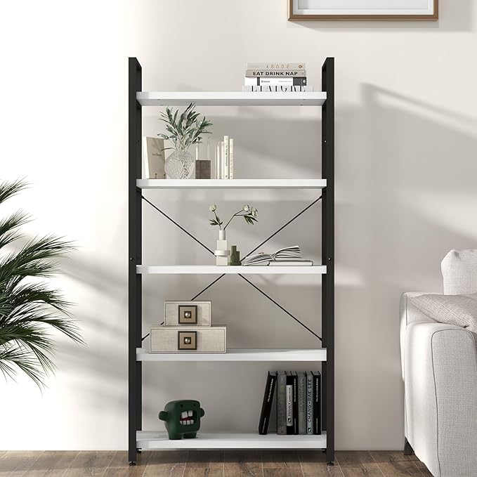 Panana 5 Tier Industrial Rustic Wooden Bookshelves, Vintage Open Wood and Metal Farmhouse Bookshelf Heavy Duty Storage Shelving Unit Rack (White)