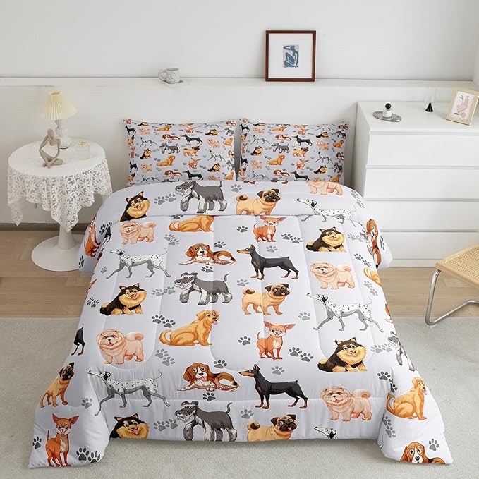 Kids Cute Dog Comforter Set Toddler Cartoon Dogs Bedding Set for Boys Girls Children Pet Dog Puppy Animal Lover Comforter Lovely Dog Paw Down Alternative Comforter for All Season Room Decor Queen Size