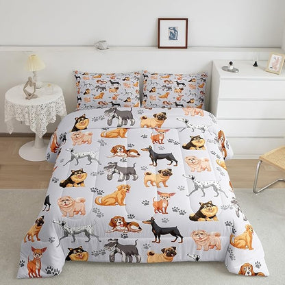Kids Cute Dog Comforter Set Toddler Cartoon Dogs Bedding Set for Boys Girls Children Pet Dog Puppy Animal Lover Comforter Lovely Dog Paw Down Alternative Comforter for All Season Room Decor Full Size