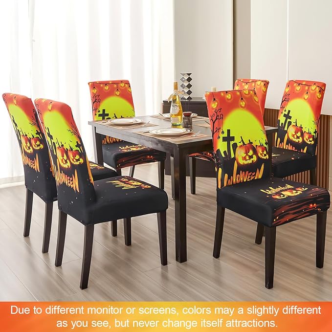 JQinHome Orange Halloween Chair Slipcover, Pumpkin Chair Covers Set of 4, High Stretch Washable Chair Protector Cover for Dining Room, Kitchen,Home Party,Wedding Ceremony(Orange,4PC)