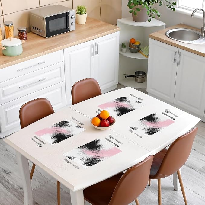 Feelyou Pink White Black Placemats Set of 4 18"x12" Kids Abstract Placemat for Kitchen Dining Table Decor Indoor Outdoor for Boys Geometric Table Place Mats, Modern Art Luxury