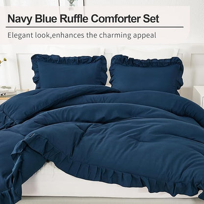 Andency Navy Blue Queen Comforter Set, 3 Pieces Boho Lightweight Solid Bedding Sets for Queen Bed, Fluffy Soft Double Women Men Microfiber Bedding Set
