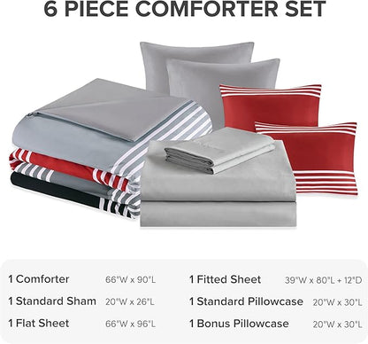 Comfort Spaces Twin XL Comforter Sets with Sheets - Bed in a Bag 6 Pieces Teen Bedding Sets Twin XL, Red and Grey Stripes Bedding Twin XL, College Twin XL Bed Set with 2 Side Pockets Bedroom Organizer