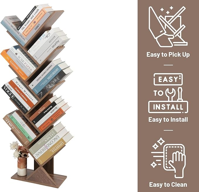 Labcosi 8 Tier Tree Bookshelf, Floor Standing Wood Tree Bookcase, Tall Book Storage Rack for Books/CDs, Book Organizer Shelves for Home Office, Bedroom, Living Room