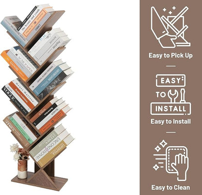 Labcosi 8 Tier Tree Bookshelf, Floor Standing Wood Tree Bookcase, Tall Book Storage Rack for Books/CDs, Book Organizer Shelves for Home Office, Bedroom, Living Room