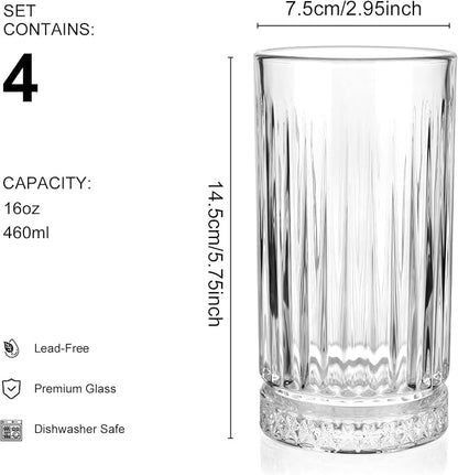 Highball Glasses Set of 4, 16oz Tall Drinking Glasses, Lead-free Crystal Water Glassware for Juice, Cocktails, Iced Tea