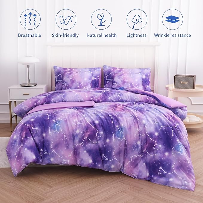 Full Size Bedding Sets Kids Bedding Sets for Girls,Galaxy Bedding 7pieces Glitter Pink Comforter Colorful Comforter Full Size Comforter Sets for Teen Girls(Multicolor)