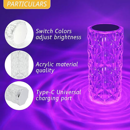 Rose Touch Lamp RGB Night Light, USB Rechargeable Touch Remote Control Crystal Light for Bedroom Living Room Home Decor Colorful Decorative Lights