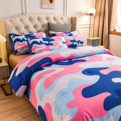 Meeting Story Camouflage Bedding Set, Colorful Pattern Style Queen Camouflage Comforter Set, 3 PCS 1 Comforter and 2 Pillowcases in 1 Bag, All Season Bedspread for Kids Teens Adults (Blue, Queen)